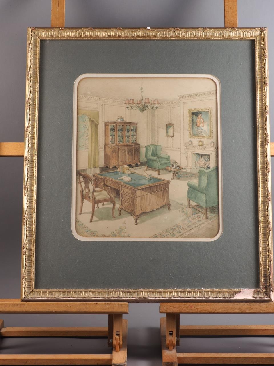 An early 20th century watercolour, study interior with period furniture, 13" x 11 1/4", in gilt