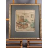 An early 20th century watercolour, study interior with period furniture, 13" x 11 1/4", in gilt