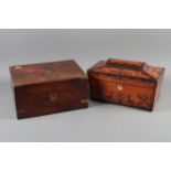 A late 19th century satinwood and rosewood marquetry sarcophagus tea caddy, 12" wide, and a mahogany