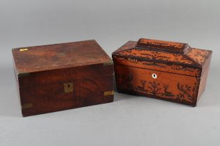 A late 19th century satinwood and rosewood marquetry sarcophagus tea caddy, 12" wide, and a mahogany