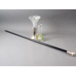 A silver topped ebony evening cane, a silver mounted Art Nouveau bud vase and a flared glass vase