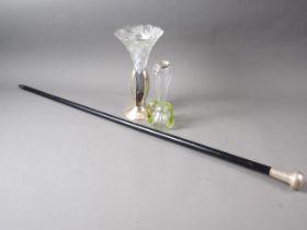 A silver topped ebony evening cane, a silver mounted Art Nouveau bud vase and a flared glass vase