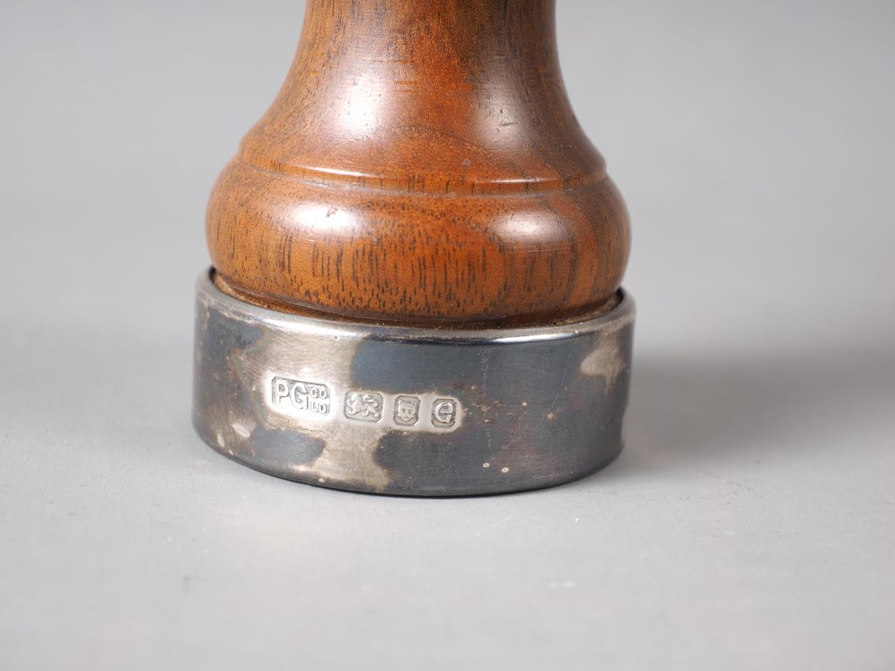 A mahogany and silver mounted "Peter Piper" pepper grinder, 4" high - Image 2 of 2