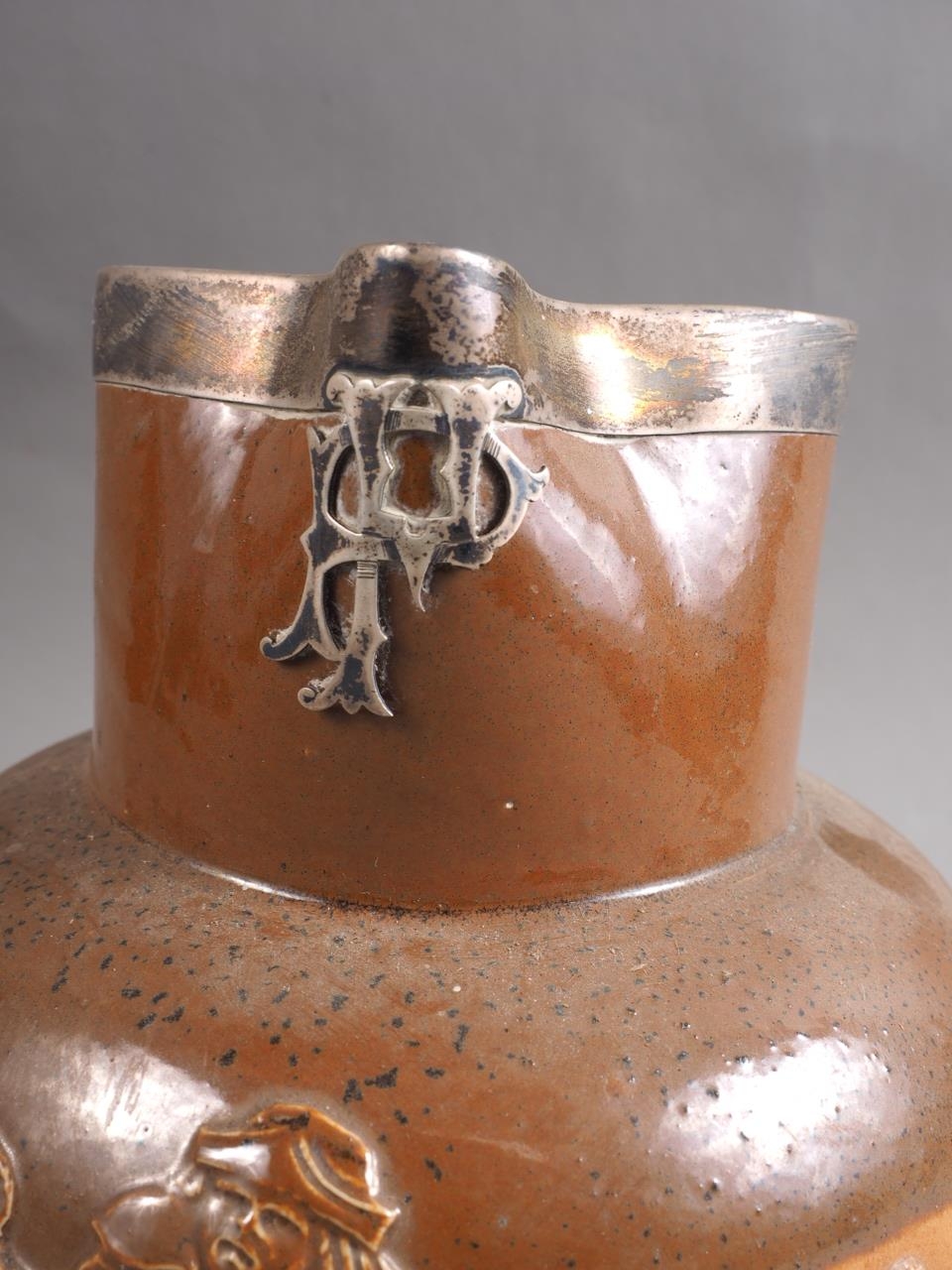 A Doulton Lambeth sprig decorated hunting jug with silver mount, 7" high, and a white glazed campana - Image 3 of 6