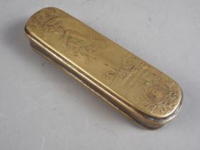 An early 18th century Dutch embossed brass tobacco box with portrait of King Frederick, 6 3/8" long