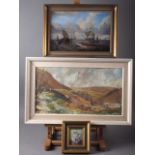 R M Tomlinson: oil on canvas, landscape hillside scene, 9 1/4" x 17", in white painted frame, an