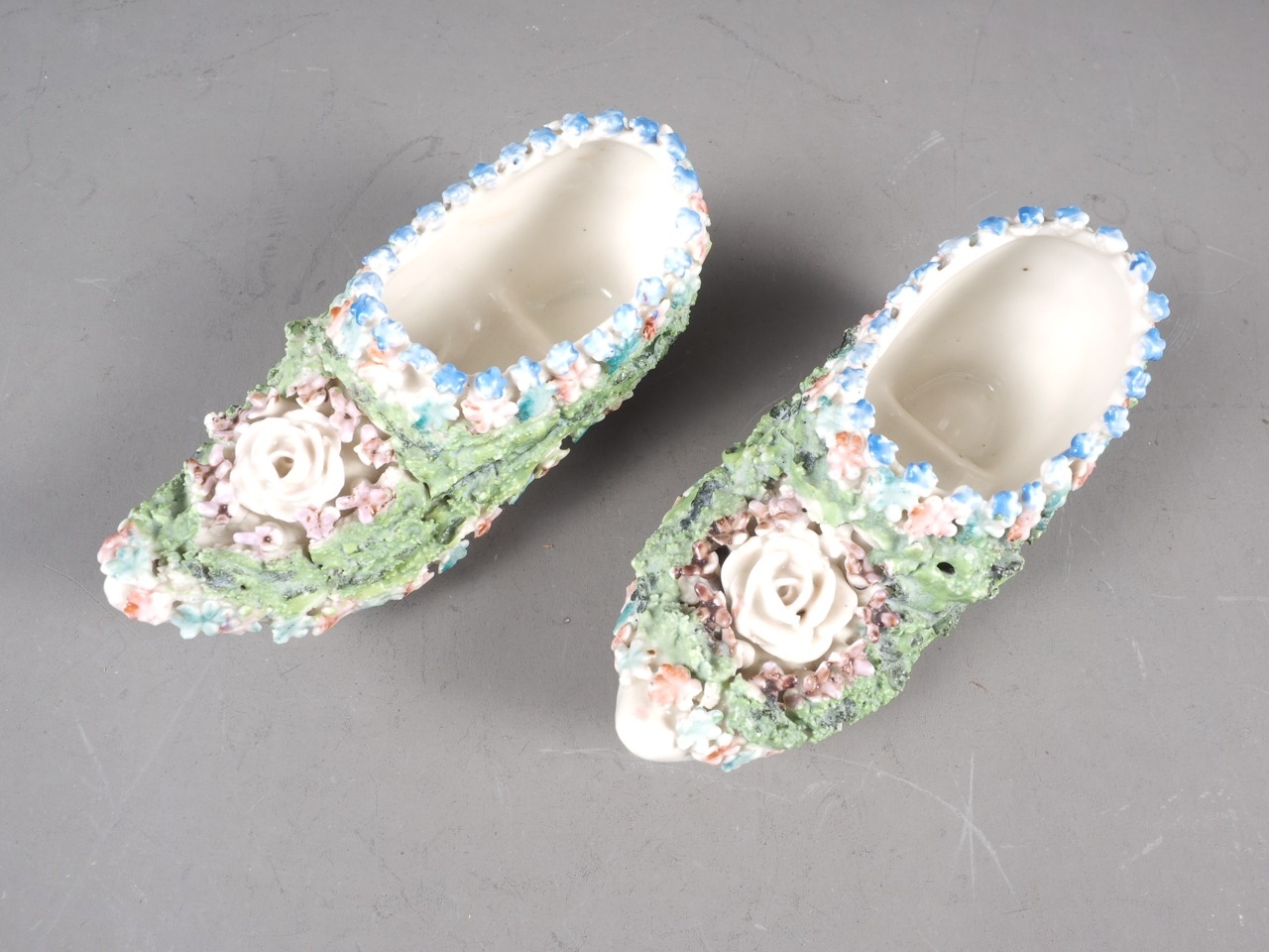 A pair of 19th century Continental porcelain "Moss Ware" clogs, 5" long - Image 2 of 4