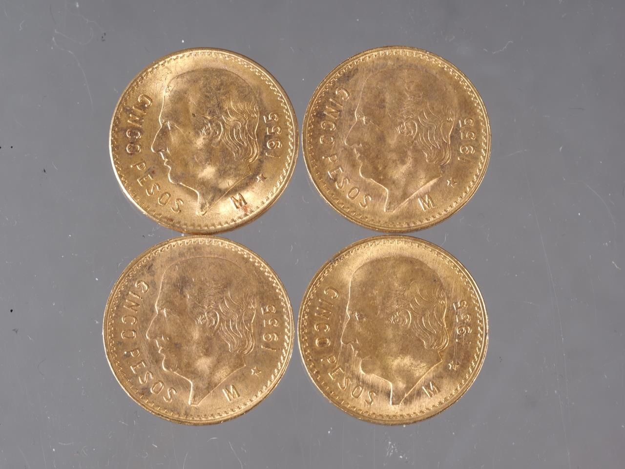 Four Mexican 5 pesos gold coins, 16.7g gross