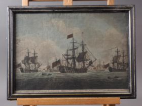 T Burford: an 18th century hand coloured mezzotint, "A squadron at anchor are preparing to sail", in
