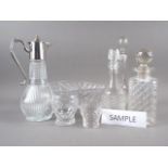 A glass and silver plate mounted claret jug, three decanters, two glass bowls and other items