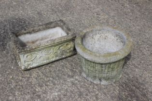 A cast stone rectangular planter, 17" wide, and a cast stone "brickwork" planter, 14" dia