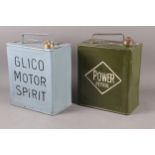 A vintage pale blue painted Glico Motor Spirit can, 12 1/2" high, and a green painted Power Petrol