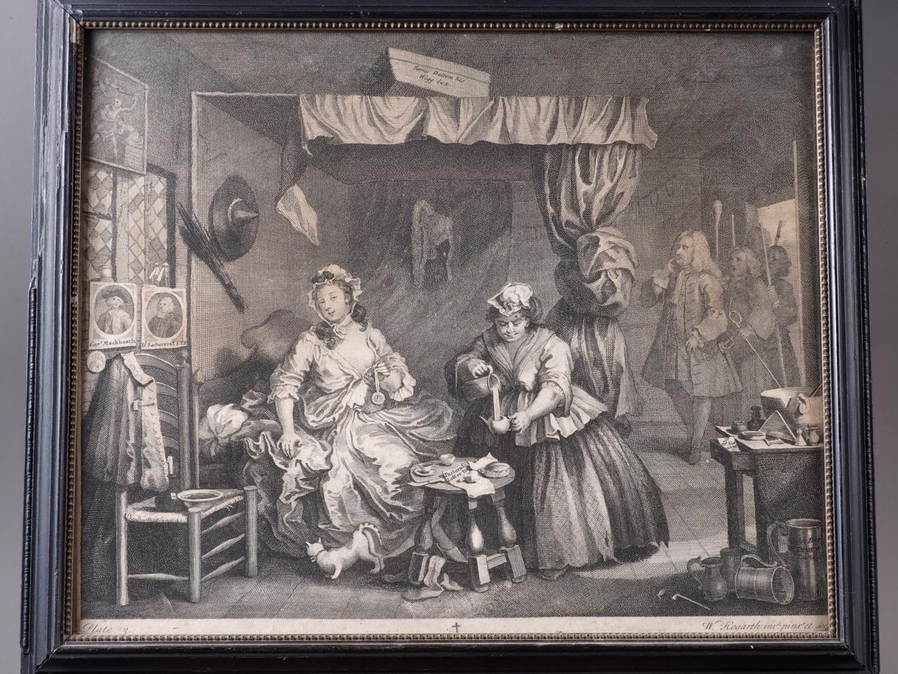William Hogarth: two 18th century engravings, "The Harlots Progress", plate three and plate six, - Image 3 of 4