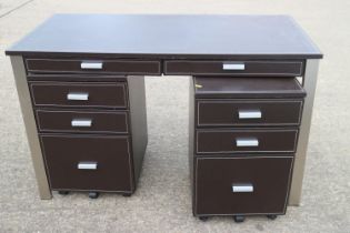 A John Lewis leather desk with brushed steel frame, 47" wide x 24" deep x 29" high, and a pair of