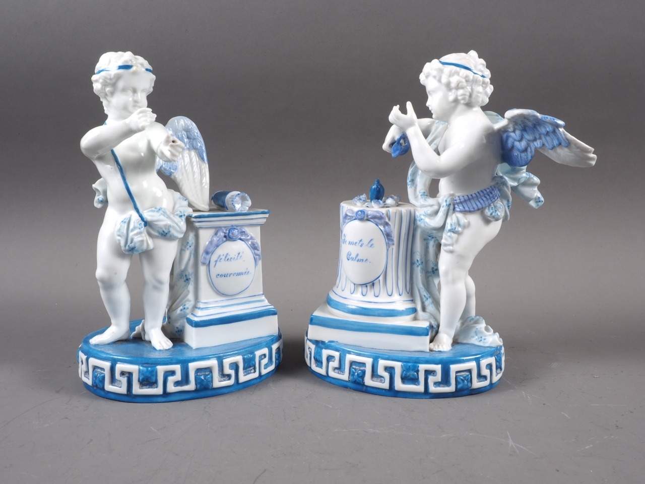 A pair of French porcelain figures of cherubs with column and altar, 7 3/4" high, and a pair of - Image 10 of 13