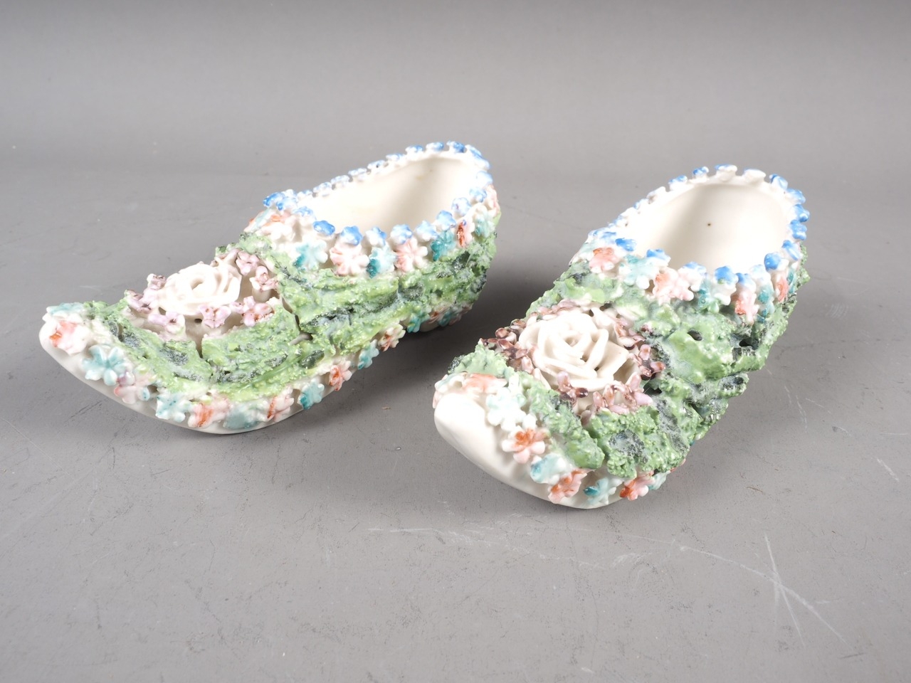 A pair of 19th century Continental porcelain "Moss Ware" clogs, 5" long