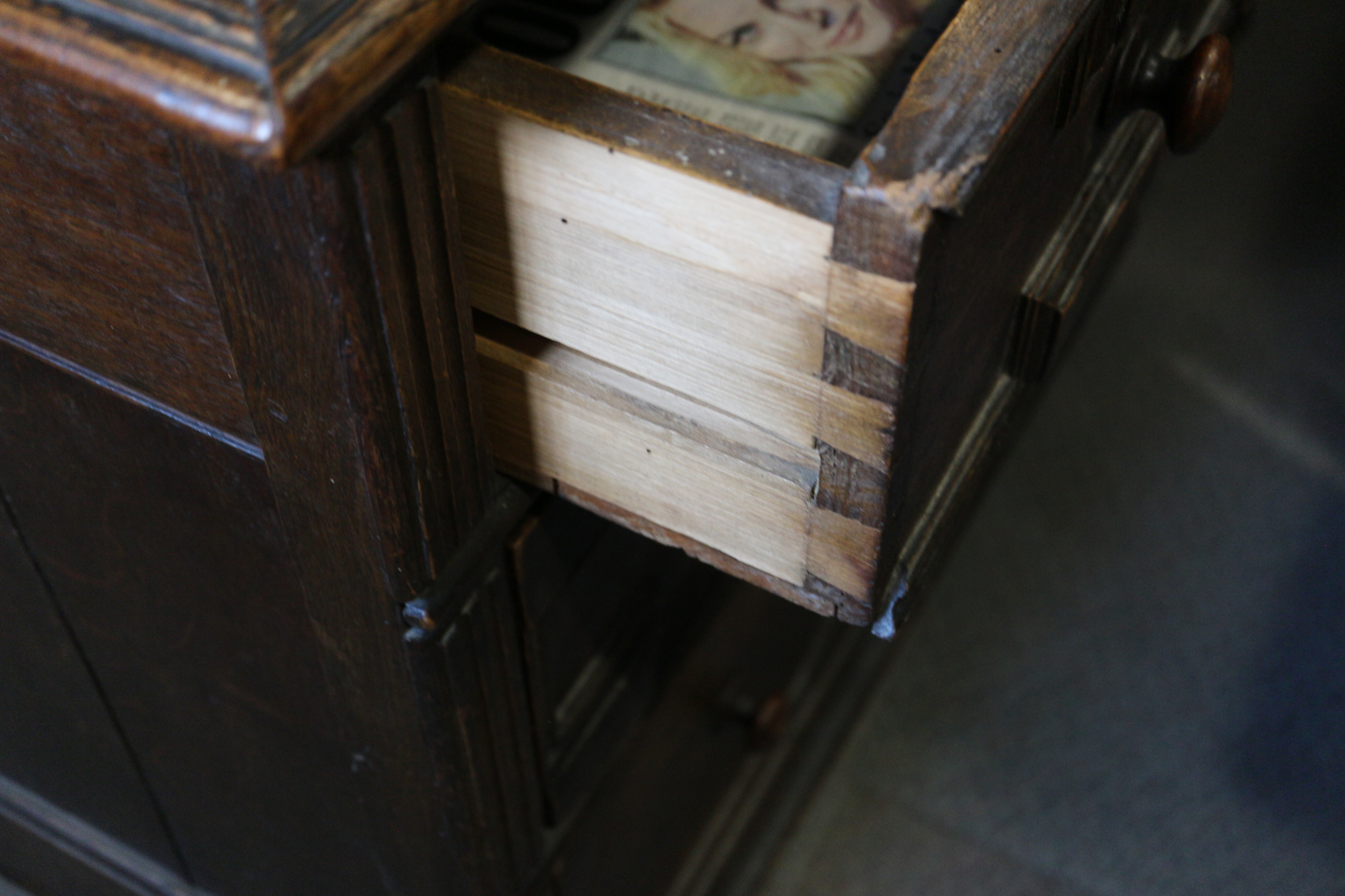 An 18th century oak chest of three drawers with fielded panel fronts and knob handles, 32" wide x - Image 3 of 8