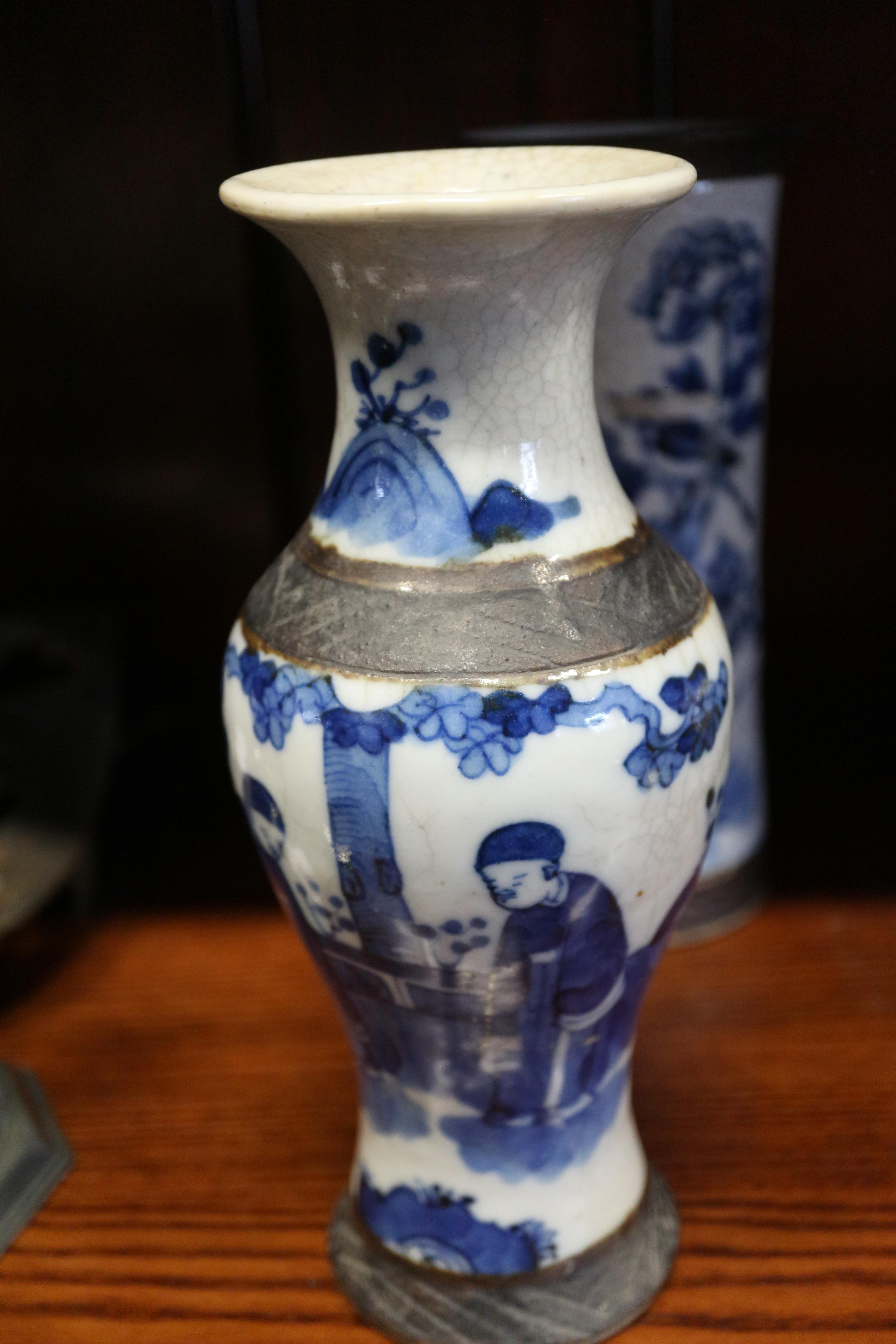 A pair of Chinese porcelain crackle ware vases with figure decoration, 8" high, a similar cylinder - Image 14 of 32