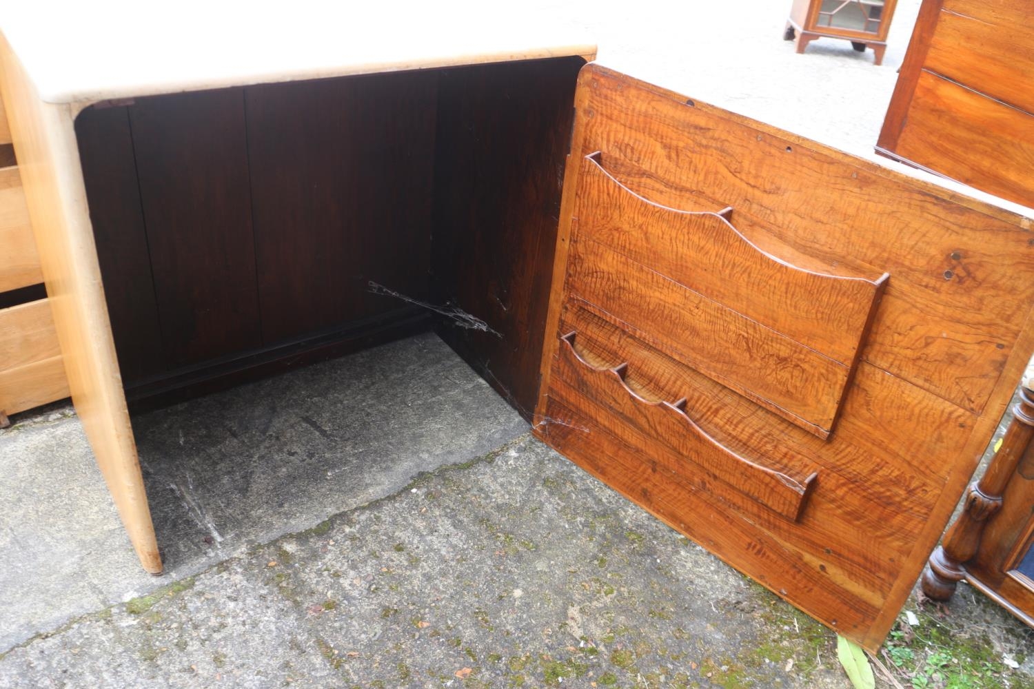 A 1930s walnut metamorphic cube desk, fitted three doors, concealed kneehole and three open corner - Image 3 of 6