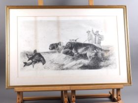 A 19th century engraving, gundogs and sportsmen, a pair of etchings, "Harlem" Dutch street scenes,