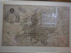 Herman Moll: an early 18th century engraved map of Europe, dedicated to Queen Caroline 1708, in gilt