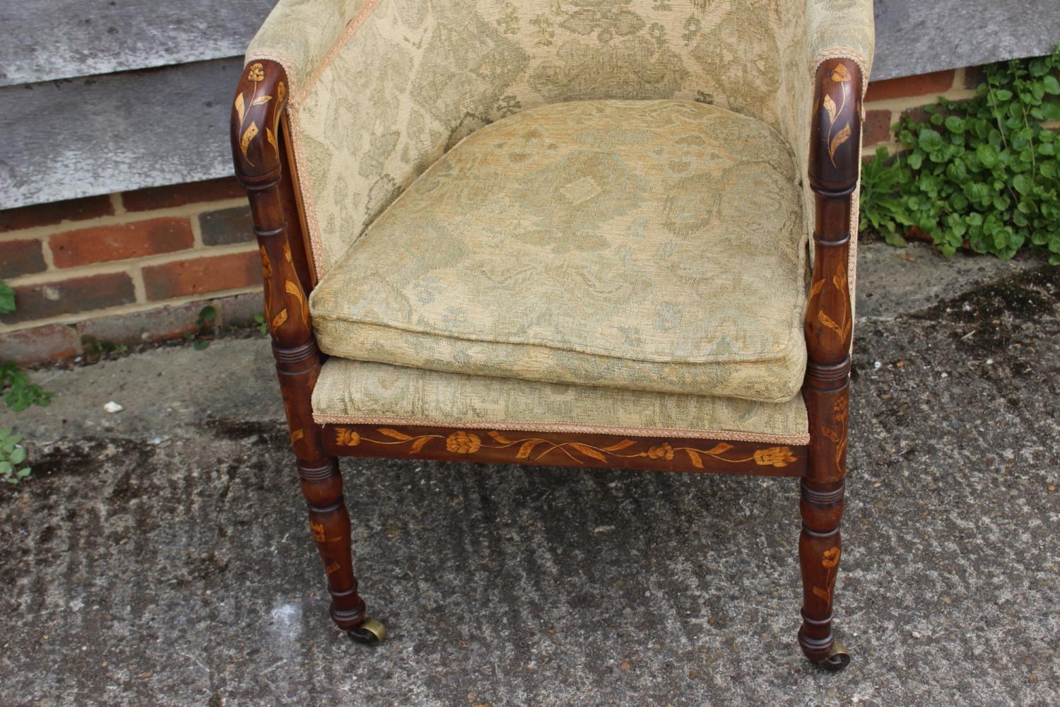 A 19th century Dutch marquetry showframe tub seat armchair with loose seat cushion, on turned and - Image 2 of 5