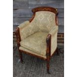 A 19th century Dutch marquetry showframe tub seat armchair with loose seat cushion, on turned and