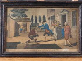 Two mid 18th century and coloured engravings, "The prodigal son returns reclaimed", and "The