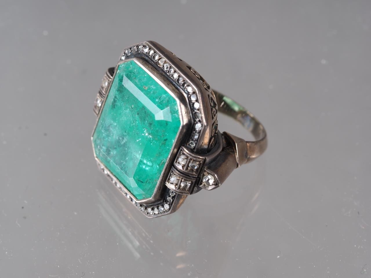 A Mexican 1960s white and yellow metal rose-cut diamond and emerald set dress ring, - Image 2 of 2