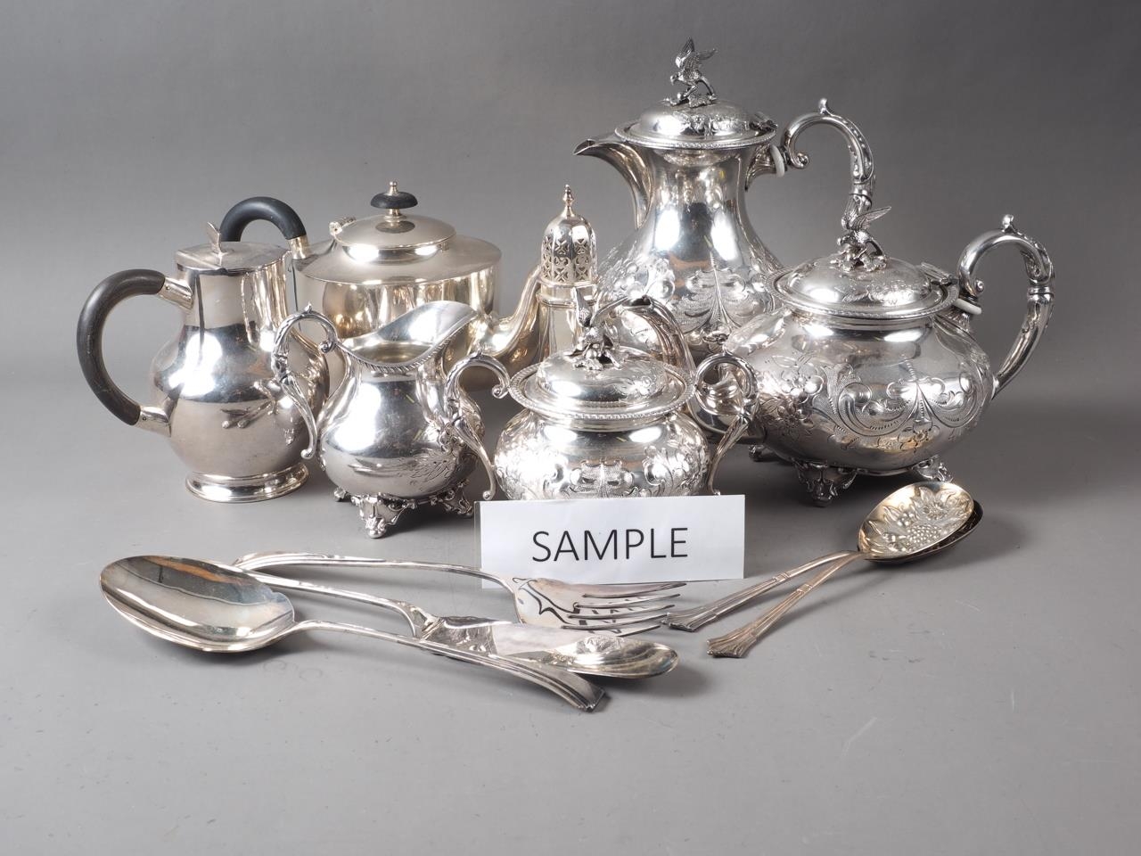 An EPBM four-piece teaset, a cased set of plated servers, and other plated items