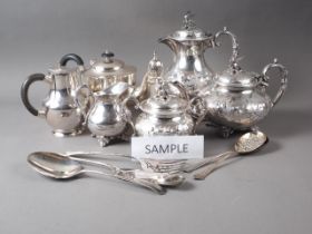 An EPBM four-piece teaset, a cased set of plated servers, and other plated items