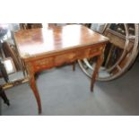 A Louis XVI design mahogany and marquetry work fold-over top card table with brass mounts, fitted