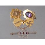 A 9ct gold, amethyst and seed pearl bar brooch, a yellow metal Mizpah brooch, a Victorian yellow