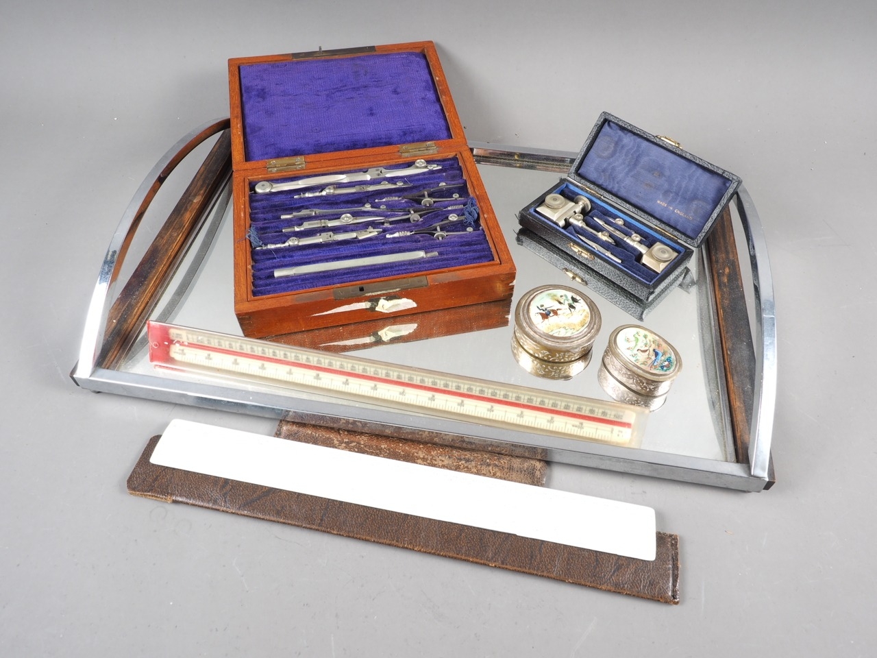 A set of drawing instruments, in fitted mahogany box, another similar box, rules, two Persian