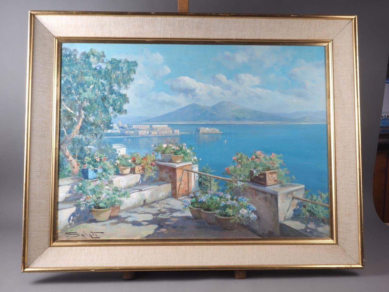 Solvati?: oil on board, side view of Vesuvius from the Bay of Naples, 19" x 26 1/2", in linen