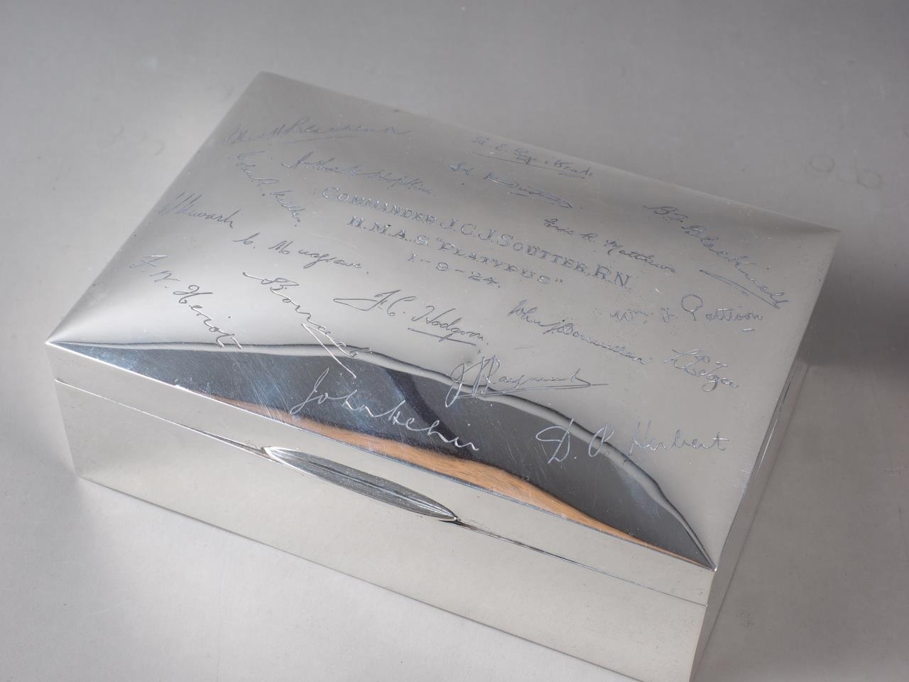 A rectangular silver cigarette box, presented to Commander J C J Soutter RN HMAS Platypus 1-9-24 - Image 3 of 3