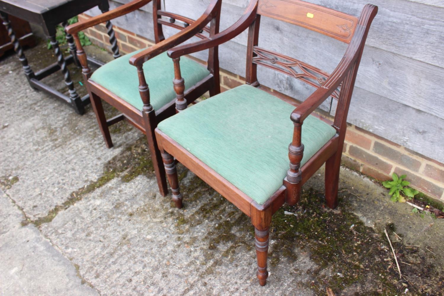 Two 19th century mahogany bar back carver dining chairs with drop-in seats, on turned and - Image 2 of 3