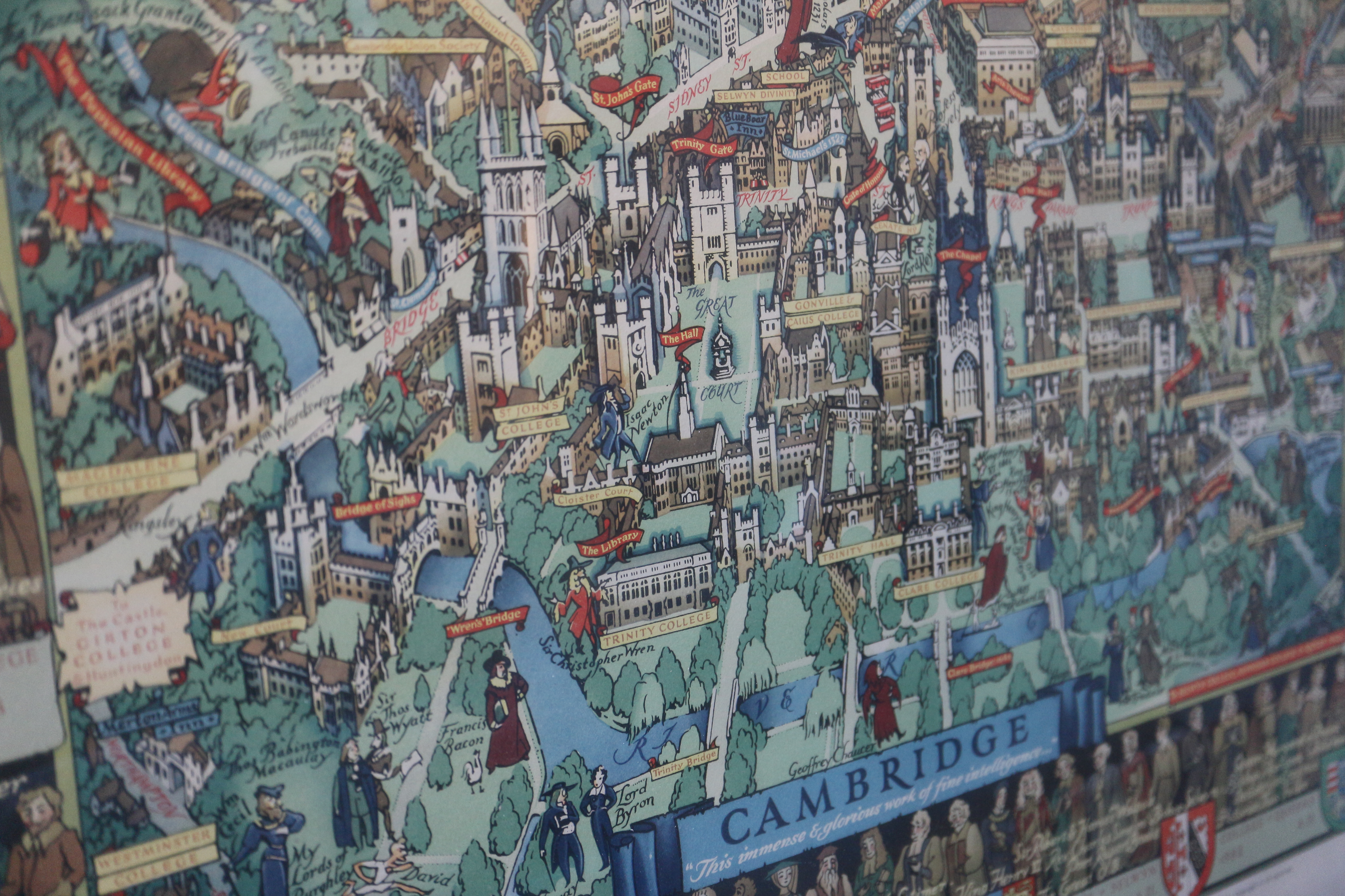 A coloured map of Cambridge, in gilt frame, Douglas West: a print, "Tea and Tennis", in wooden strip - Image 2 of 3