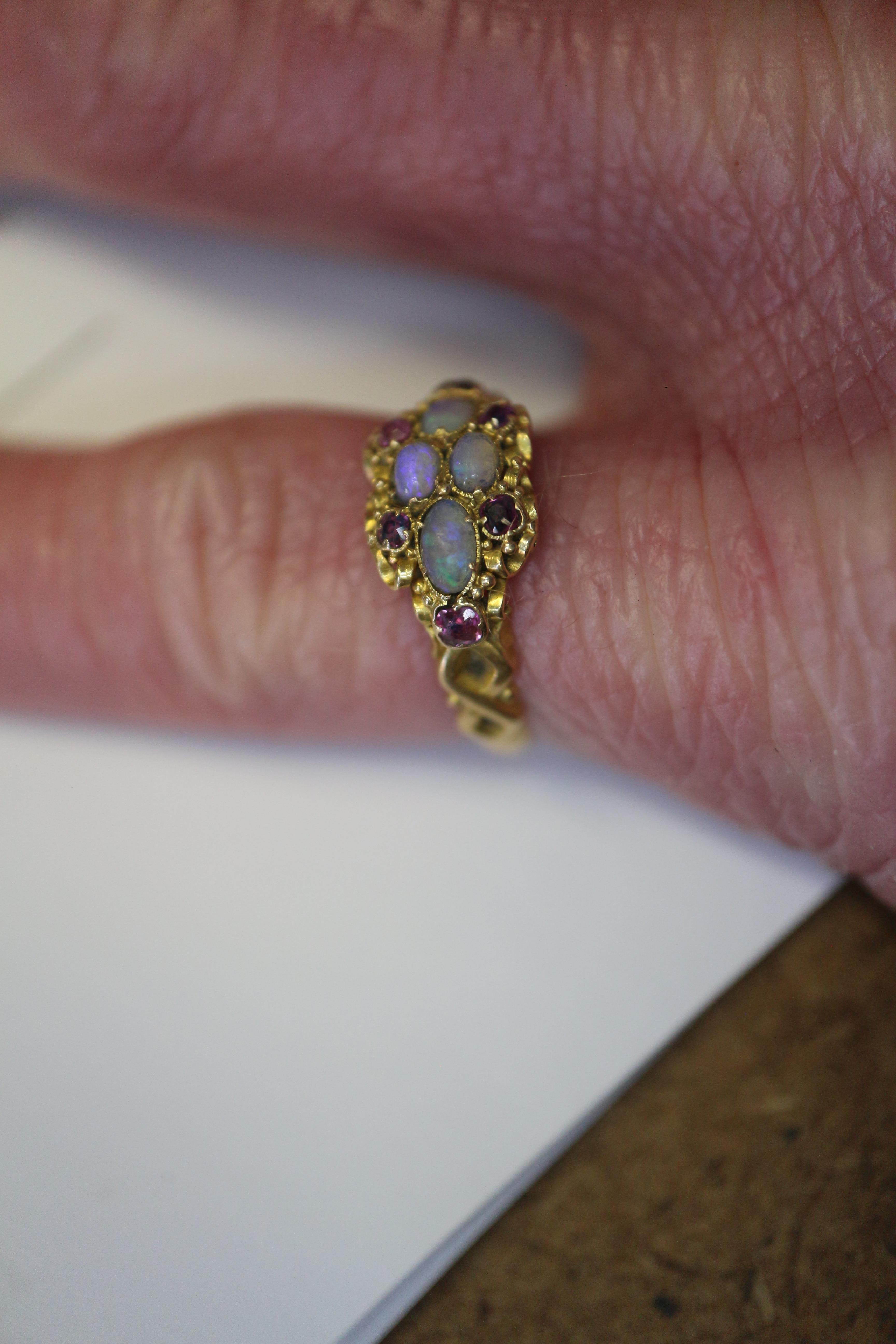 A Victorian yellow metal, opal and ruby dress ring, size L, 1.9g - Image 8 of 8