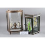 A pair of green and gilt metal framed glass fronted wall lights, 12 1/4" high, and another pair of
