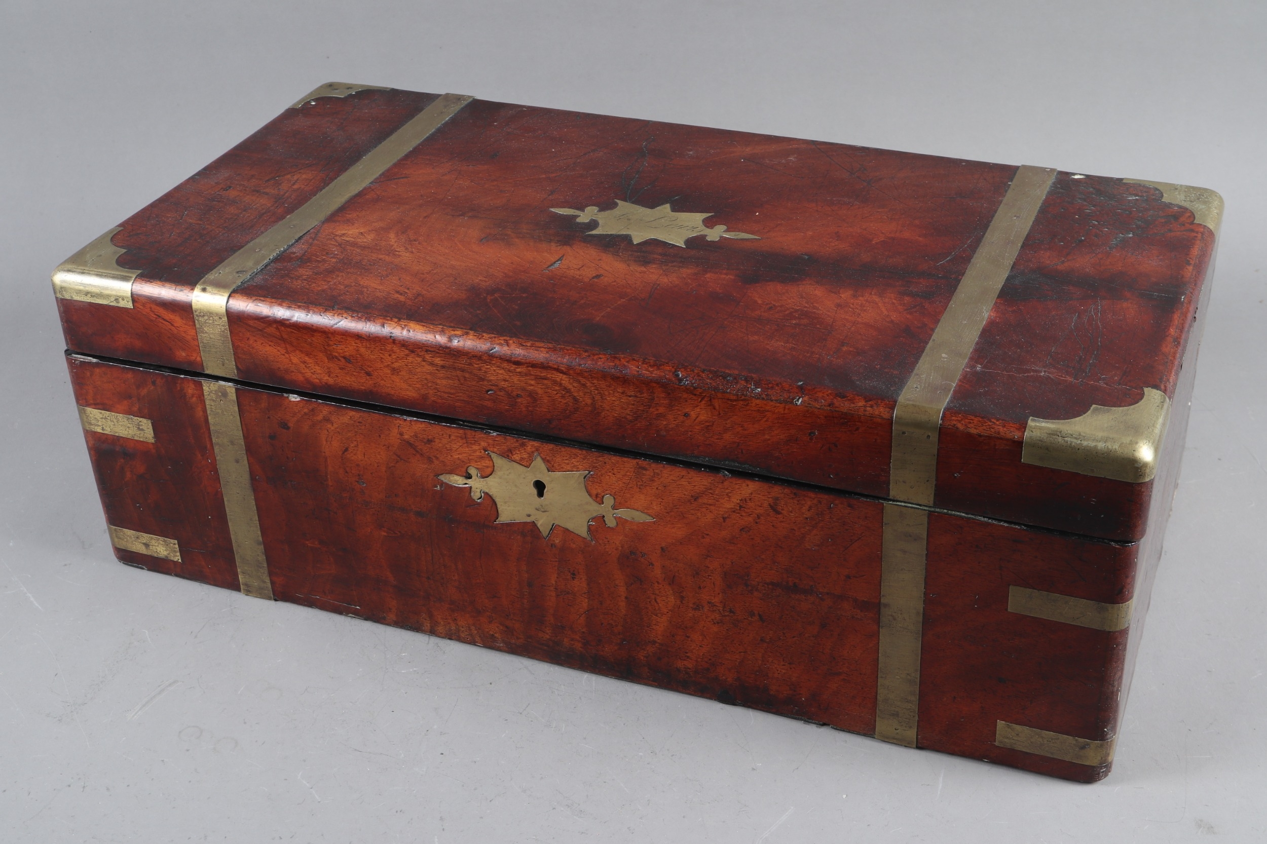 A 19th century mahogany and brass mounted writing box with fitted interior, secret drawers and - Image 2 of 3