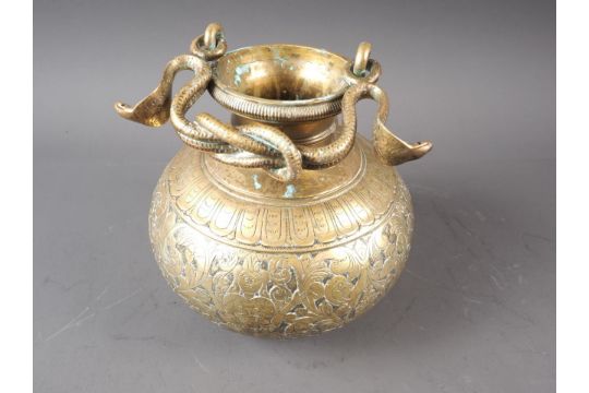 A 19th century Sri Lankan heavy cast brass alms bowl with cobra handle and figure decoration, 8" - Image 2 of 2