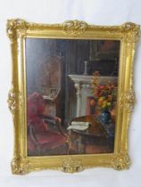 Oil on board, 19th century drawing room scene,