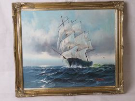 Oil on canvas, sail ship on choppy seas, signed.
