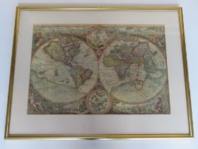 Print; World Map 'Orbis Terrae Compendiosa Descriptio' mounted and within contemporary frame,