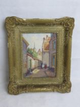 Oil painting, shadowed alley between sun drenched houses, signed GW.