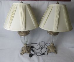 A fine pair of contemporary glass and metal side lamps with matching shades,