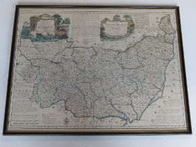 Print; 'The Doncella Map Series Suffolk' from an original map by Eman Bowen in Hogarth style frame,