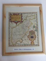 Print; Norden's map of Northamptonshire, framed and glazed,