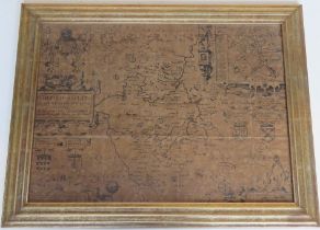 Map of Bedfordshire, having Arms of the Honourable Families upon, bottom edge lost, folds noted,